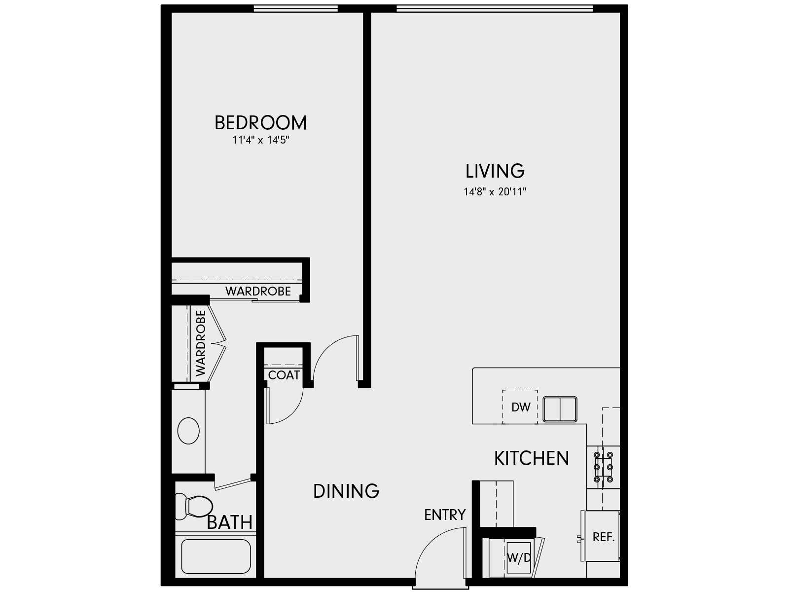 Floor plan for 1 bed, 1 bath, 936 sqft